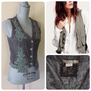 MURMUR linen & lace vest, gray, M